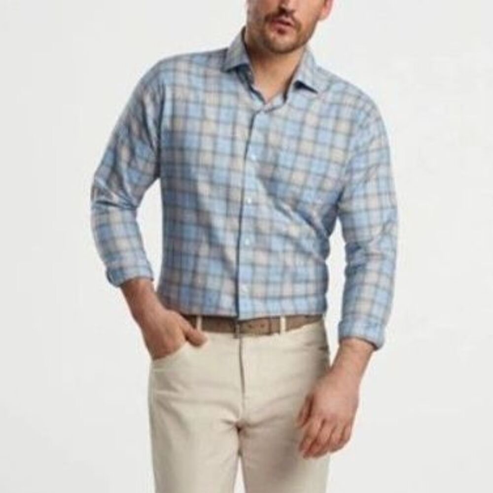 Peter Millar Plaid LS Sport Shirt Blue Gray Preppy Pocket L